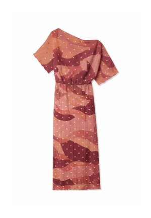 Ασύμμετρο φόρεμα με ένα κοντό μανίκι, ελαστική μέση, με αφηρημένα μοτίβα σε μαρουώ και ροζ αποχρώσεις με μικρές κρεμ κουκκίδες.