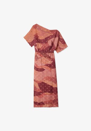 Asimetrična obleka z enim kratkim rokavom in elastičnim pasom, s abstraktnimi bordo in roza vzorci z majhnimi krem pikami.