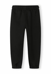 Svarta sweatpants med elastisk midja, avsmalnande ben och cuffade fållar. Tillverkade av mjukt tyg med en slät yta, utan mönster eller detaljer.