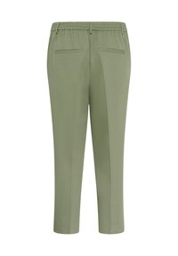 Gaiši zaļas pielāgotas bikses ar elastīgu jostasvietu, jostas cilpām un divām horizontālām aizmugures kabatām.