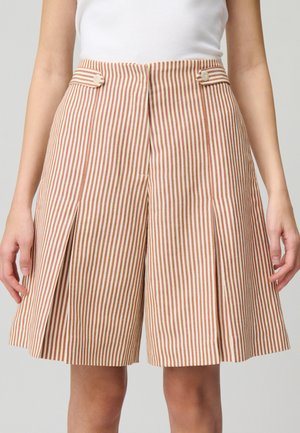 Pantalones cortos a rayas en beige y óxido con pliegues, que presentan dos botones frontales y bolsillos laterales, confeccionados en una tela texturizada.