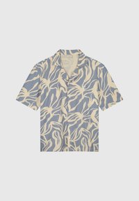 Korte mouwen overhemd met knopen in roomkleur en blauw, met een vloeiende abstracte bladenpatroon, gemaakt van lichte stof met een losse pasvorm.