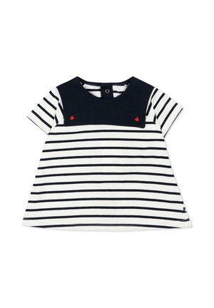 Vestito per bambino piccolo con righe orizzontali blu navy e bianche, giogo blu navy con due piccoli dettagli a forma di cuore rosso e maniche corte.