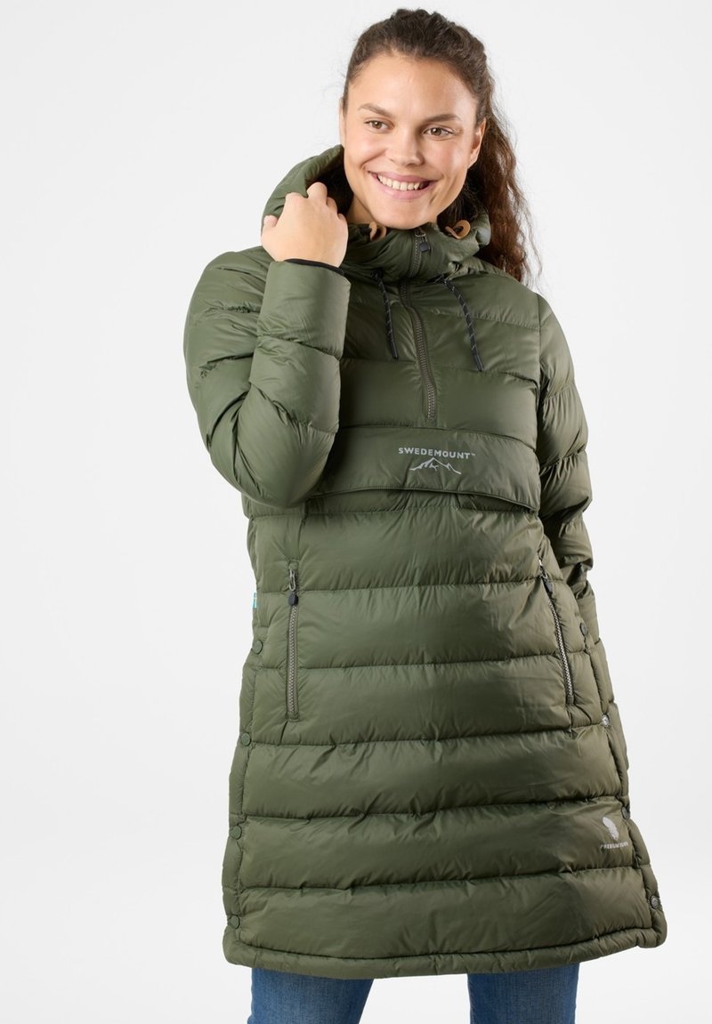 Olive green puffer coat with a high collar, zippered pockets, and a logo on the chest. Features a quilted design and adjustable hood.