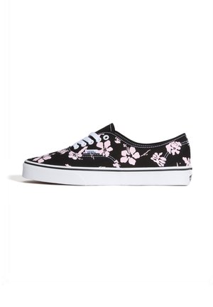 Sort Vans-sneaker med hvid sål og pink blomsterprint, hvide snørebånd og synligt mærke på siden.