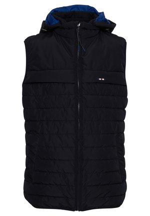 Juodas pūkinis liemenė su gaubtu, su užtrauktuku, siuvinėta dizainu ir mėlynu pamušalu. Yra dvi šoninės kišenės ir mažas logotipas.