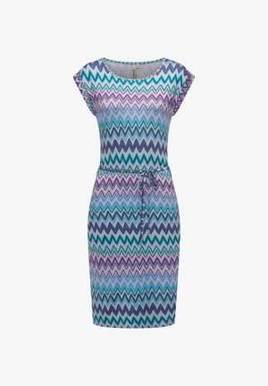 Kleid mit kurzen Ärmeln aus einem leichten Stoff, das ein Zickzackmuster in Türkis, Lila und Blau aufweist. Inklusive eines Bindegürtels in der Taille.