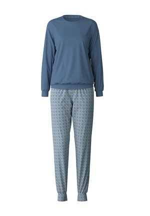 Blauwe longsleeve top met een elastische manchetten, gecombineerd met lichtblauwe broek met een patroon van geometrische ontwerpen en een elastische tailleband.