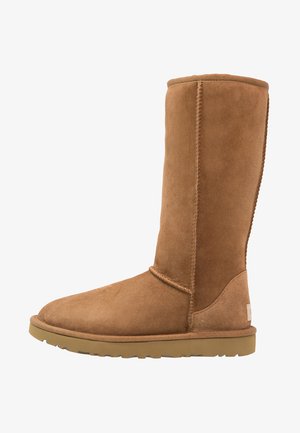 Tall tan suede boot with a rounded toe and subtle stitching details. Rubber sole provides traction, designed for comfort and warmth.
