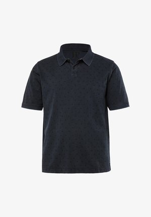 Marineblaues Poloshirt aus strukturiertem Stoff mit kleinem Punktmuster. Mit Kragen, kurzen Ärmeln und zweireihiger Knopfleiste. Klassische Passform.