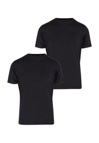 Czarne bawełniane t-shirty, okrągły dekolt, krótkie rękawy, dopasowany krój, na zdjęciu dwa egzemplarze, gładka tekstura, prosty design, bez widocznych logo lub wzorów.