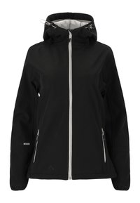 Black waterproof jacket with a front zip, adjustable hood, and white zipper details. Features two side pockets and W-PRO 8000 branding.