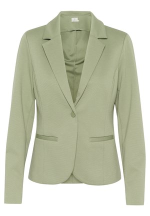 Hellgrüner Blazer mit Reverskragen, langen Ärmeln und zwei Fronttaschen. Der Stoff hat eine glatte Textur und eine schlanke Silhouette.