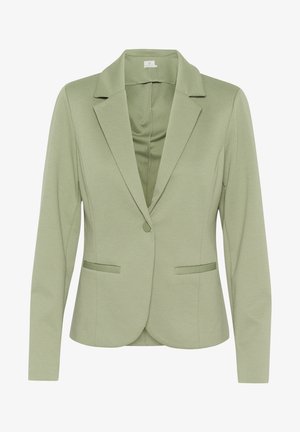 Hele roheline bleiser, millel on kärbitud krae, pikad käised ja kaks esi-taskut. Kangas on sileda tekstuuriga ja sujuva siluetiga.