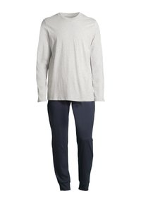 Graues Langarmshirt mit Rundhalsausschnitt, kombiniert mit dunkelblauen Hosen mit elastischem Bund. Glattes Baumwollmaterial, taillierte Passform. Keine Muster.