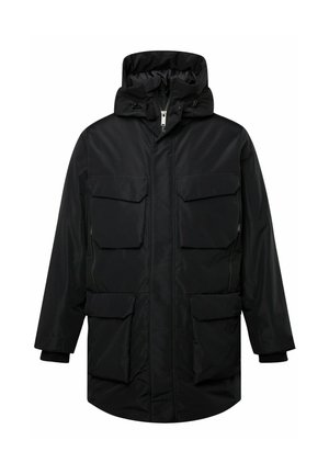 Zwarte parka jas van nylon met een capuchon, twee grote borstzakken, twee zijzakken en een rits aan de voorkant. Gladde textuur en eenvoudig ontwerp.