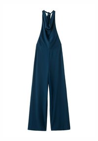 Temno modra široka hlačna pajkica brez rokavov z drapirano vrvico okoli vratu in zapiranjem s gumbom na hrbtu.