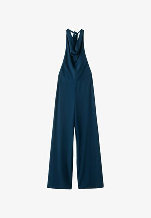 Navy blue sleeveless wide-leg jumpsuit with a draped halter neckline and back button closure.