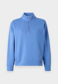 Lichtblauwe sweatshirt met een hoge kraag en een kwart rits aan de voorkant, voorzien van geribbelde manchetten en een zoom, en een klein logo op de borst.