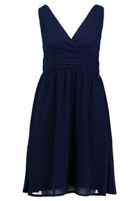 Vestido sin mangas de color azul marino con escote en V, cintura fruncida y falda fluida hasta la rodilla.