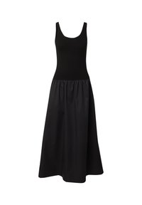 Mouwloze zwarte jurk met een aansluitende ribbeltop en een vloeiende, geplaatste rok. Gemaakt van lichte stof met een gladde textuur.