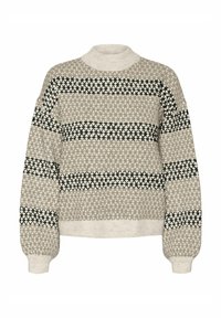 Trui met een hoge halslijn, met een geometrisch patroon in beige en zwart. Losvallend, textuurgebreid met geribde manchetten en zoom.