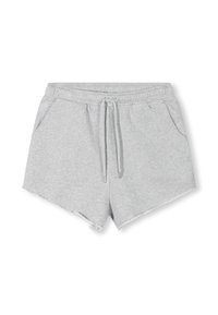 Pantalones cortos de algodón gris con cintura elástica y cordón. Incluye bolsillos laterales y un dobladillo sin terminar para un ajuste relajado.