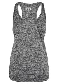 Camiseta sin mangas en tonos gris y negro jaspeados con el logo de Under Armour centrado cerca del escote en la parte posterior.