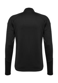 Zwarte lange mouwen sporttop met een hoge kraag, voorzien van textuurpanelen op de mouwen en een gladde romp. Lichtgewicht materiaal.
