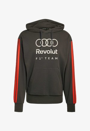Donkergrijze hoodie met rode strepen op de mouwen, een voorzak en het "Audi Revolut F1 Team"-logo in het wit op de borst.
