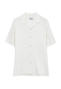 Camicia a maniche corte, con colletto, in tessuto di lino color avorio, caratterizzata da una vestibilità comoda e sette bottoni marroni lungo la parte anteriore.