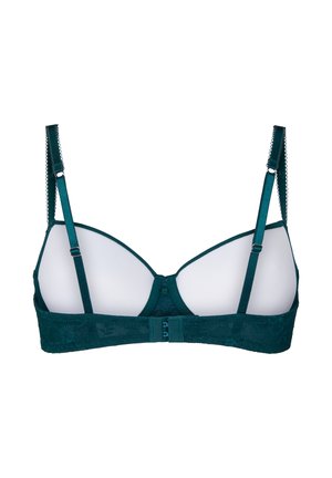 Dunkelgrüner Spitzen-BH mit verstellbaren Trägern und Hakenverschluss, von hinten vor weißem Hintergrund gezeigt.
