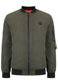 Olive green bomber jacket with a zip front, ribbed cuffs, and waistband. Features an orange interior and a left arm pocket with zipper. Black logo detail.