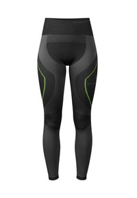 Schwarze sportliche Leggings mit strukturierten Einsätzen und grünen Akzenten. Hoher Bund und figurbetontes Design, geeignet für Sportbekleidung.