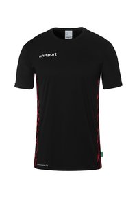 Sort sports t-shirt med korte ærmer, der har et rødt diagonalt mønster langs siderne og et hvidt "uhlsport" logo på brystet.