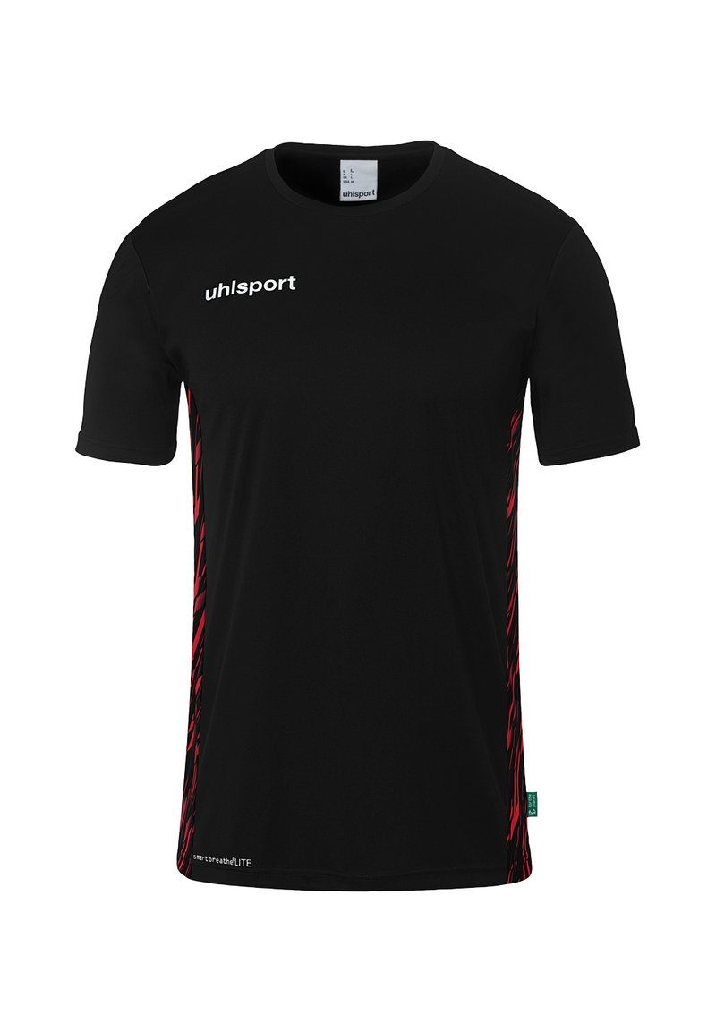 Sort sports t-shirt med korte ærmer, der har et rødt diagonalt mønster langs siderne og et hvidt "uhlsport" logo på brystet.
