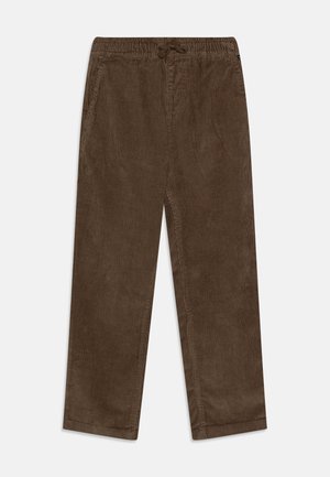 Bruine ribfluwelen broek met een relaxed fit, voorzien van een elastische tailleband en koord, met een verticale ribbelstructuur over de gehele lengte.