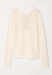 Pull en tricot off-white avec un col rond et un détail lacé à l'avant. Manches longues et coupe décontractée.