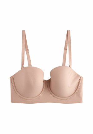Beige strapless bra with detachable shoulder straps, molded cups, and underwire support, designed for a smooth fit.