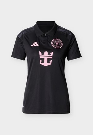 Maglia da calcio a maniche corte nera con logo rosa Miami FC, strisce Adidas sulle spalle e design centrale di una corona rosa.