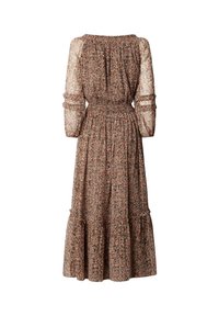 Vestito midi a maniche lunghe con vita arricciata, orlo arricciato e motivo floreale multicolore dettagliato su tessuto trasparente, visto da dietro.