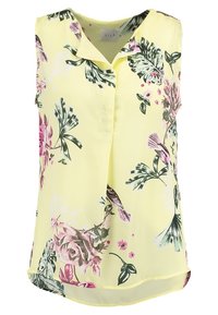 Top senza maniche in tessuto giallo chiaro con motivi floreali in rosa e verde, caratterizzato da una scollatura a V e un design morbido e fluido.