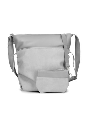 Hellgraue Umhängetasche mit verstellbarem Riemen und passender abnehmbarer Reißverschlusstasche vorne vor weißem Hintergrund.