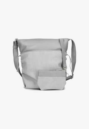 Hellgraue Umhängetasche mit verstellbarem Riemen und passender abnehmbarer Reißverschlusstasche vorne vor weißem Hintergrund.
