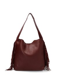 Bolso de piel burdeos con un diseño suave, textura lisa y largos flecos a ambos lados. Cuenta con una sola correa para el hombro.