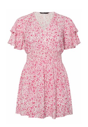 Short white dress with pink floral print, V-neck, ruffled short sleeves, and gathered elastic waist.