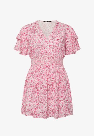 Kurzes weißes Kleid mit rosa Blumenmuster, V-Ausschnitt, kurzen Ärmel mit Rüschen und geraffter Bund mit Elastik.