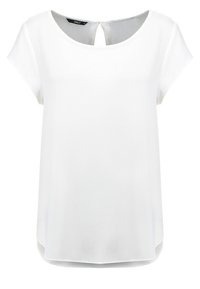 Top bianco a maniche corte con scollatura a girocollo, leggera trasparenza e aperture a goccia sul retro. Texture liscia e orlo arrotondato. Design informale.