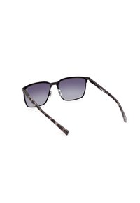 Ochelari de soare pătrați cu ramă neagră mate, lentile gradient violet și brațe cu un model gri. Dispun de pernuțe pentru nas pentru un confort sporit.