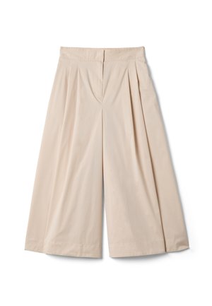 Pantalones cropped beige de pierna ancha con pliegues delanteros y cinturilla ajustada, mostrados sobre un fondo blanco.